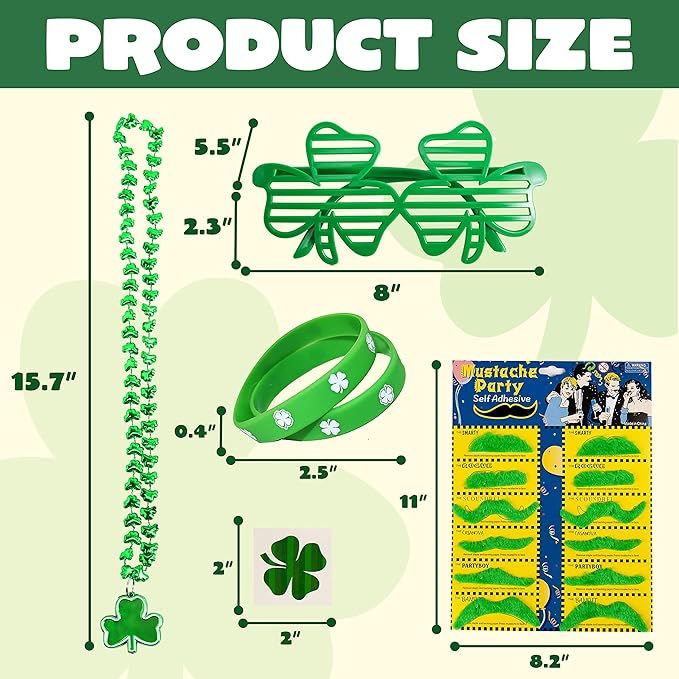 JOYIN 144 PCS St. Patrick's Day Dressing-up Accessories Set Party Favor with 12 Green Shamrock Eyeglasses 12 Beaded Necklace 72 Temporary Tattoos 24 Mustache 24 bracelets