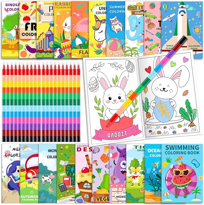20 Pack Coloring Books for Kids with 20 Stacking Crayons Set Mini Coloring Books Bulk for Kids Ages 2-4-8-12 Small Activity Books For Birthday Party Favors Gifts Goodie Bags Stuffers Classroom