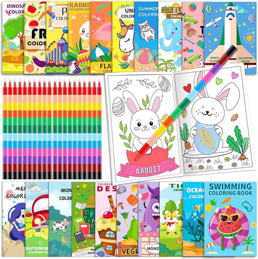 20 Pack Coloring Books for Kids with 20 Stacking Crayons Set Mini Coloring Books Bulk for Kids Ages 2-4-8-12 Small Activity Books For Birthday Party Favors Gifts Goodie Bags Stuffers Classroom