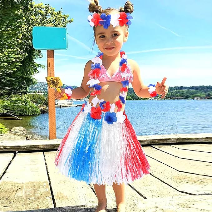 Fortuning's JDS Hawaiian Hula Grass Skirt for Girls Elastic Flower Costume Outfits for Summer Luau Beach Party Decor