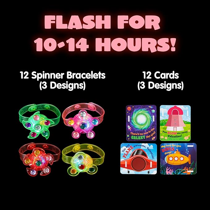 JOYIN 12 Packs Valentine's Day Cards with Light Up Bracelet, Glow in The Dark Party Favors Spinner Glow Bracelets Fidget Toys with Cards for Kids Valentine Party Favors Classroom Exchange Prizes