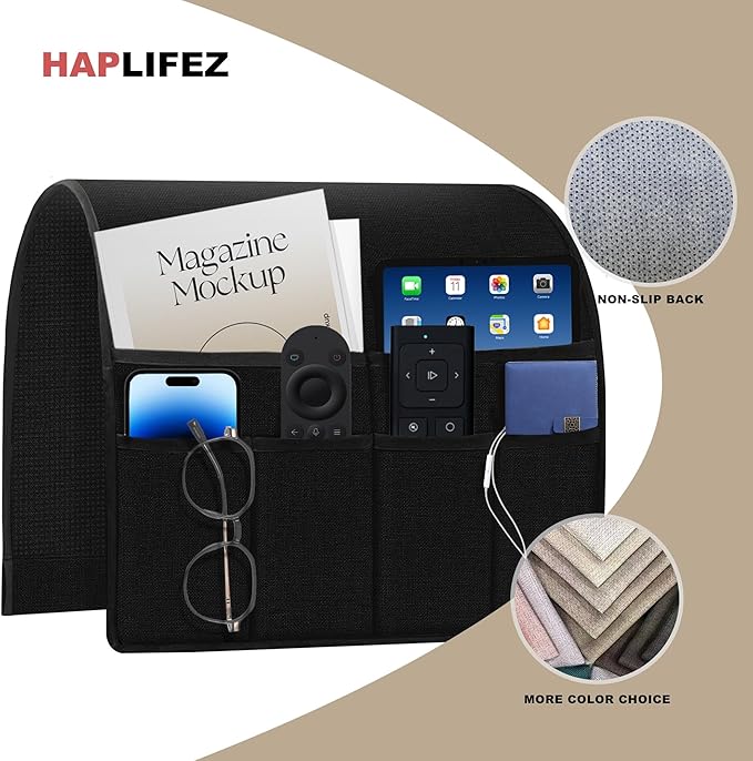 Remote Holder for Recliner Armchair & Couch, Non Slip Sofa Armrest Organizer Caddy with 6 Pockets Thick Linen Fabric Storage for Tablet, Phone, 19x35 Inches, Black