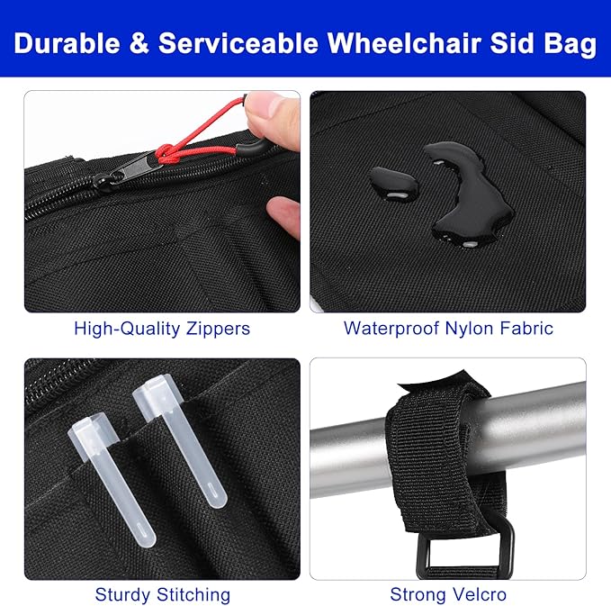 Wheelchair Side Bag with Cup Holder, Premium Wheelchair Armrest Pouch Accessories for Adults，Wheelchair Bags for Walkers, Rollators, Electric Wheelchairs (Black)