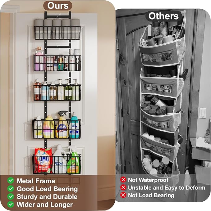 Hongtamoya Adjustable Over The Door Organizer, Metal Hanging Door Organizer with 5 Wire Basket 7 Hooks, Wall Mounted Shelf for Pantry Laundry Organization and Storage, Black