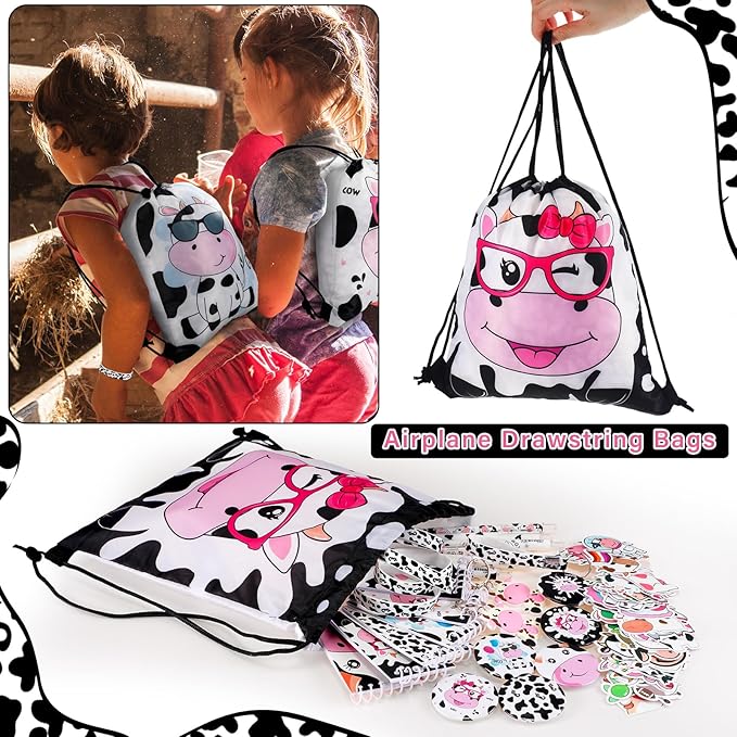 152 Pcs Cow Party Favors Supplies Include Cow Drawstring Goodie Bag Silicone Bracelets Cow Keychain Cow Stickers Spiral Notepads Bulk Inflatable Headbands Button Pin Pens Cow Print Notebook for Kid