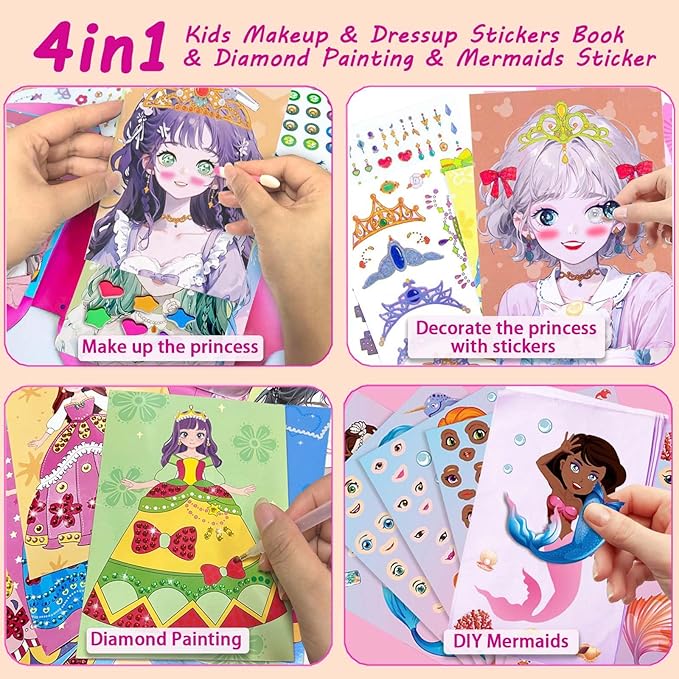 4-in-1 Dress Up Game Set, Princess Fantasy Makeup, Fashion Dress-Up Stickers, Mermaid Stickers & Diamond Painting, Creative Paper Art Craft Kits Toys, Ideal Birthday Gift for Girls Ages 4 5 6 7 8 9+