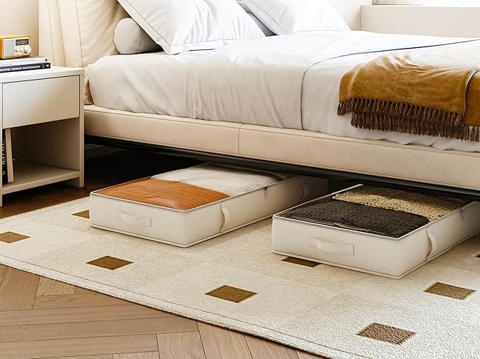 Vailando Side-Supported Under Bed Storage Containers, 6 Inches Tall 60L Underbed Storage Bins with Sturdy Handles and Sidewalls, Closet Organizer for Clothes, Blankets, Seasonal Items, Beige, 2-Pack
