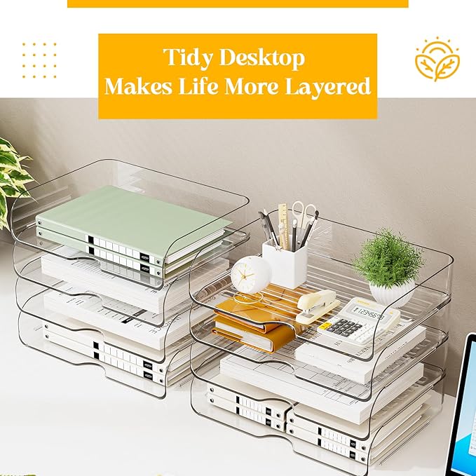HIYOHIYO 4 Tier Clear A4 Paper Organizer, Acrylic Desktop Organizer for A4 File, Stackable Papers Tray for Office, Large Capacity Desk Letter Holder, Stackable Paper Storage Rack, Horizontal Style