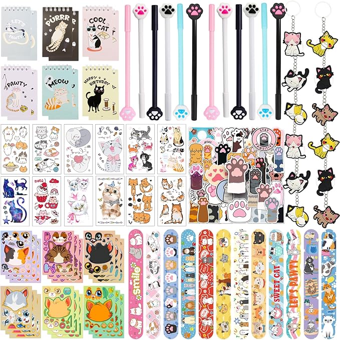 128 Pcs Cat Party Favors Set Includes Mini Spiral Notepads Cat Paw Pens Stickers Keychains Tattoo Stickers Slap Bracelets Cat Face Stickers for Girl Party Favors Cat Theme Party Birthday Supplies