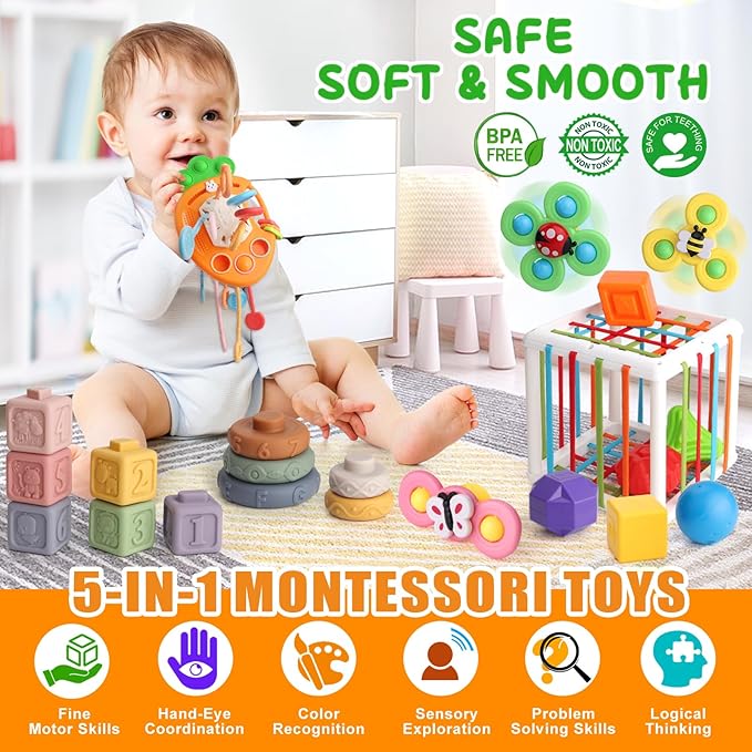5 in 1 Montessori Baby Toy Set for Toddler Aged 6+ Month - Fine Motor Skill Learning Toys for Baby Grasp & Hand-Eye Coordination. Early STEM Gift Toy for Boys Girls 1 2 3 Years Old