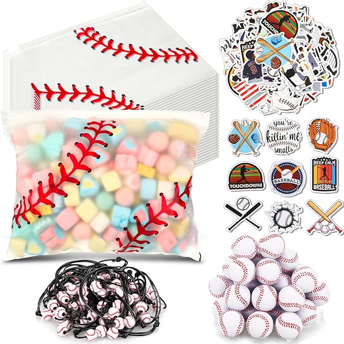 390 Pcs Baseball Party Favors Set Waterproof Baseball Gift Goodie Bags Foam Baseball Stress Ball Baseball Sports Bracelets Baseball Stickers for Baseball Themed Birthday Party Favor Decoration