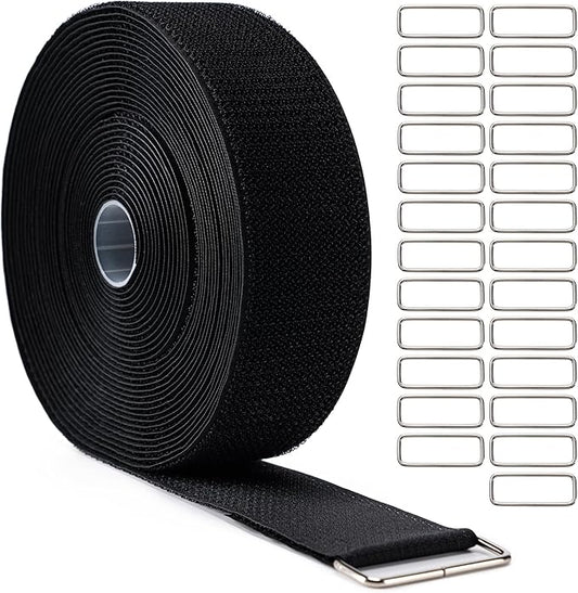 2" x32Ft Hook and Loop Straps Cinch Straps Heavy Duty with 25 Metal Buckles, Adjustable Fastening Cable Straps, Free Cut Length, Reusable Nylon Cable Ties for Organizer or Storage, 2 inch Wide Black