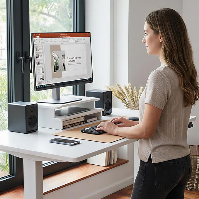 WELL WENG Monitor Stand Monitor Stand Riser for Desk,Wood Desk Shelf Storage Organizer with Phone Tablet Holder (16.5 Inch, White)