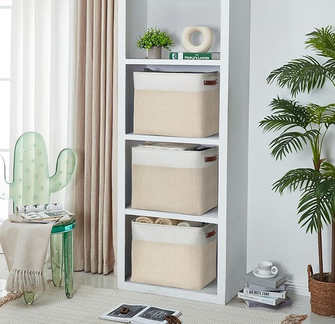 DECOMOMO Extra Large Storage Baskets, 54.5L Fabric Storage Bins for Organizing Linen Closet, Nursery (Khaki & White, XXXL - 3 pack)