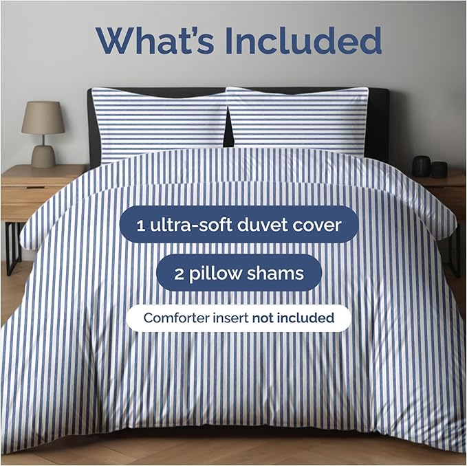 Duvet Cover Queen Size Set - Extra Soft Queen Size Duvet Cover 90 x 90 with 2 Pillow Shams - Hotel Luxury Easy Care & Fade Free w/Zipper Closures & Ties - Comfy Breathable Bedding Set (Blue Stripes)