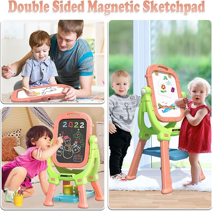 Kids Easel, Kids Toys Rotatable Double Sided Chalk Board Adjustable Height Standing Toddler Easel with 79pcs Accessories Art Set, Pink