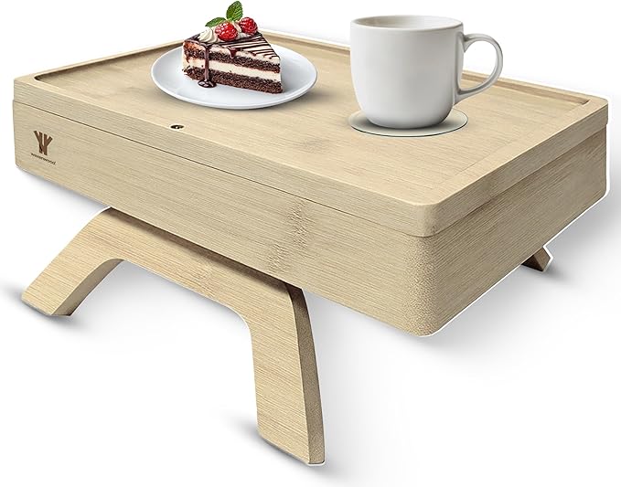 Bamboo Couch Arm Table, Sofa Arm Tray, 360 Rotating Table, Clip On Side Table for Couch, Perfect Size for Remotes, Storage and Includes 4 Bonus Coasters, 13x9.25x2.5in, Natural
