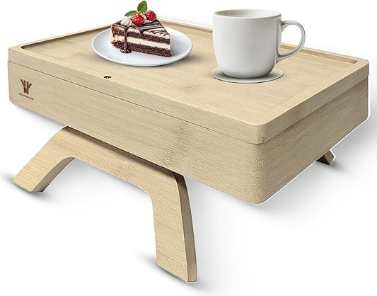 Bamboo Couch Arm Table, Sofa Arm Tray, 360 Rotating Table, Clip On Side Table for Couch, Perfect Size for Remotes, Storage and Includes 4 Bonus Coasters, 13x9.25x2.5in, Natural
