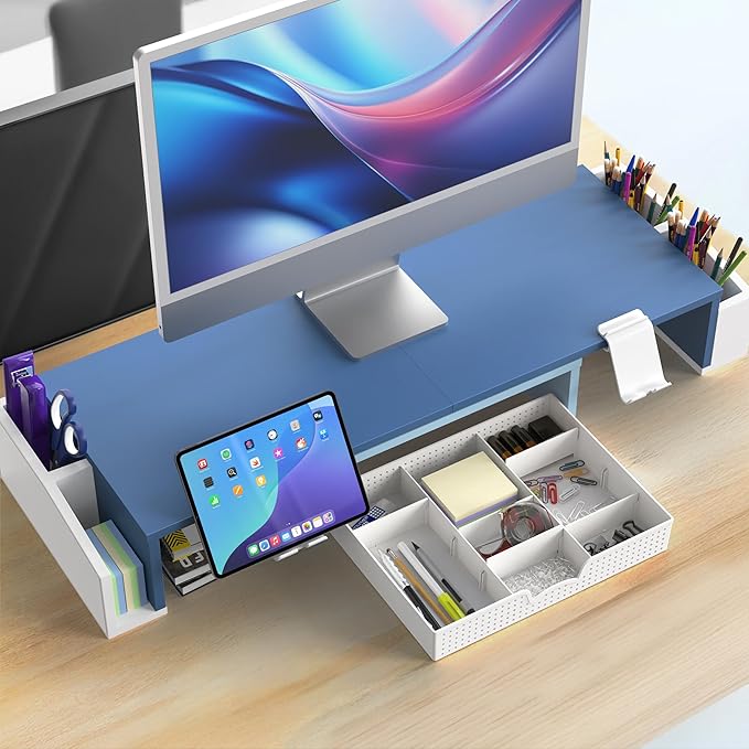 Simple Houseware Desk Dual Monitor Stand Riser with Drawer, Blue