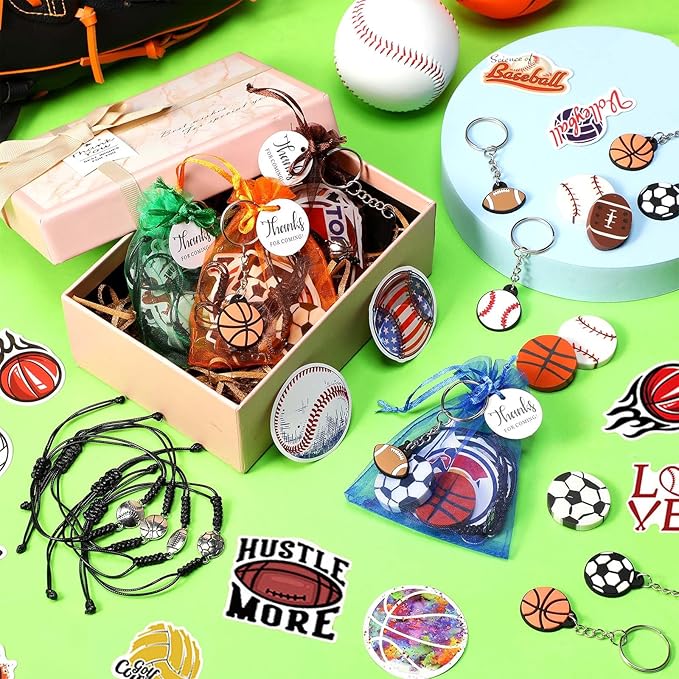 Libima 150 Pcs Sport Party Favors Set Include 20 Charm Bracelet 20 Keychains 20 Organza Goodie Bag 20 Sports Erasers 50 Stickers 20 Thanks for Coming Tags for Birthday Party Gift, 4 Styles