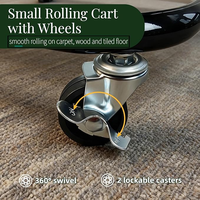 LiWNYRK 2 Tier Cart with Wheels Heavy Duty Metal Rolling Storage Cart for Under Desk Storage, Short Small Utility Shelf for Pantry Kitchen Bathroom Laundry, Home Organizer with Large Basket, Black