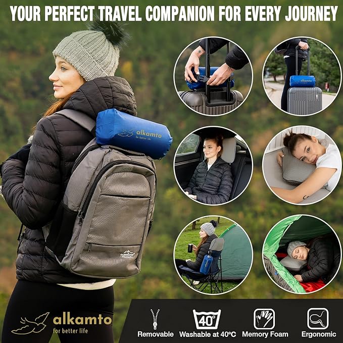 alkamto Travel & Camping Comfortable Memory Foam Pillow – Easy to Carry Portable Bag – Temperature Regulating Pillow Case (Grey)