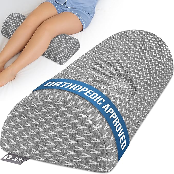 5 STARS UNITED Knee Pillow for Back Sleeping – Memory Foam Cushion for Sciatica Pain Relief – Under Leg Support for Sleeping on Back – Large Half Moon Bolster for Bed, Gray