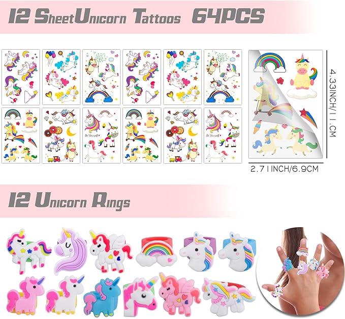 133Pcs Unicorn party favors, Unicorn Theme Birthday party decoration party favors Pack with Unicorn bracelet, unicorn hair rings, Key chains,Tattoos for Unicorn goodies bag Fillers Pinata Filler
