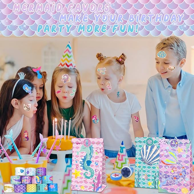 132 Pcs Mermaid Party Favors, Mermaid Birthday Party Favorsfor Kids with Mini Notebooks Pens Slap Bracelets Rings Hairpin Stampers Stickers Bags for Girls Mermaid Birthday Party Decorations Supplies