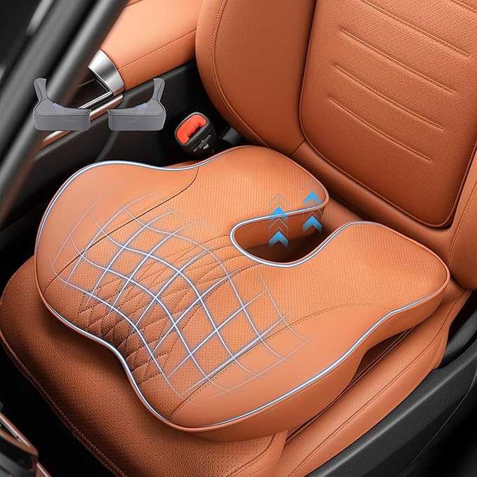 Leather Car Seat Cushion,Office Chair Cushion Non-Slip Cushion Ergonomic Office Desk Accessories for Tailbone Pain Relief Extra-Dense Memory Foam for Hip Tailbone Coccyx Sciatica Cushion Ochre Brown