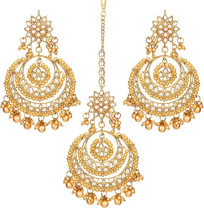 Aheli Bollywood Ethnic Chandbali Style Big Earrings Maang Tikka Set Traditional Fashion Jewelry Gift for Women