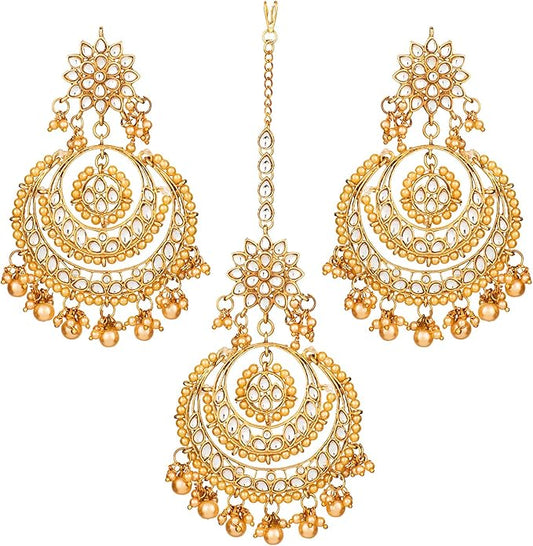 Aheli Bollywood Ethnic Chandbali Style Big Earrings Maang Tikka Set Traditional Fashion Jewelry Gift for Women
