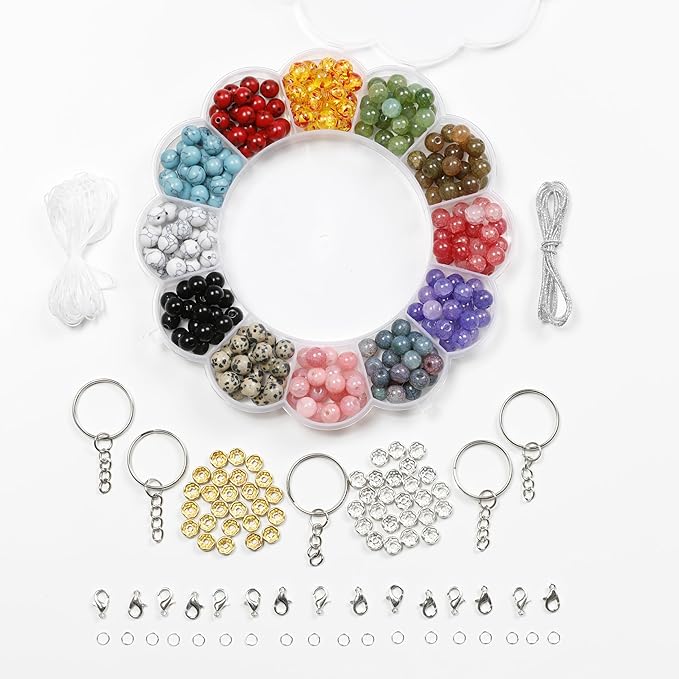 Incraftables Natural Stone Beads 12 Colors 240pcs Set for DIY Jewelry, Necklace & Bracelet Making. Assorted Real Crystal Chakra Bead Kit with Spacer Beads, Elastic String & Organizer