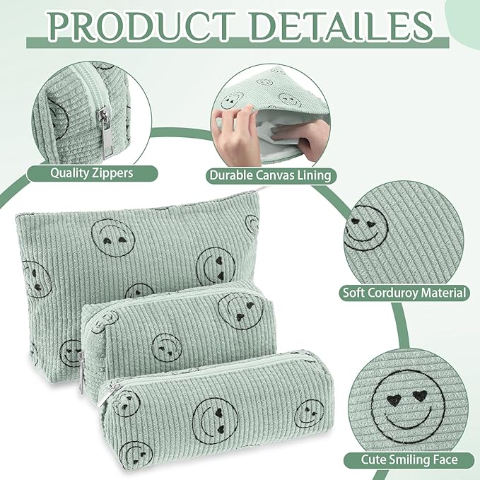 Huhumy 3 Pcs Makeup Bag Set for Women Corduroy Cosmetic Pouch Aesthetic Smile Travel Toiletry Bag Cute Purse Pouch Pencil Case Makeup Brushes Storage Organizer for Valentine(Gray,Solid Style)