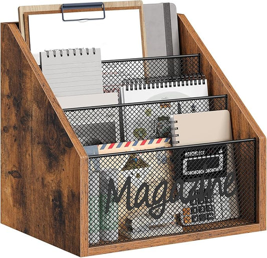 YATINEY Magazine Holder, Wood Magazine Rack Floor, Mail Organizer Countertop, Magazine Mail Holder Sorter, Record Holder for Magazines, Books, Newspapers, Tablets, Rustic Brown and Black MR02BR