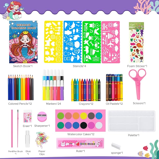 homicozy Art Supplies, Mermaid Drawing & Coloring Set with Crayons, Colored Pencils, Markers, Sketchbook, Watercolor Cakes, Stencils, Arts and Crafts Painting Kit for Kids Ages 4-10, Girls Boys Gift