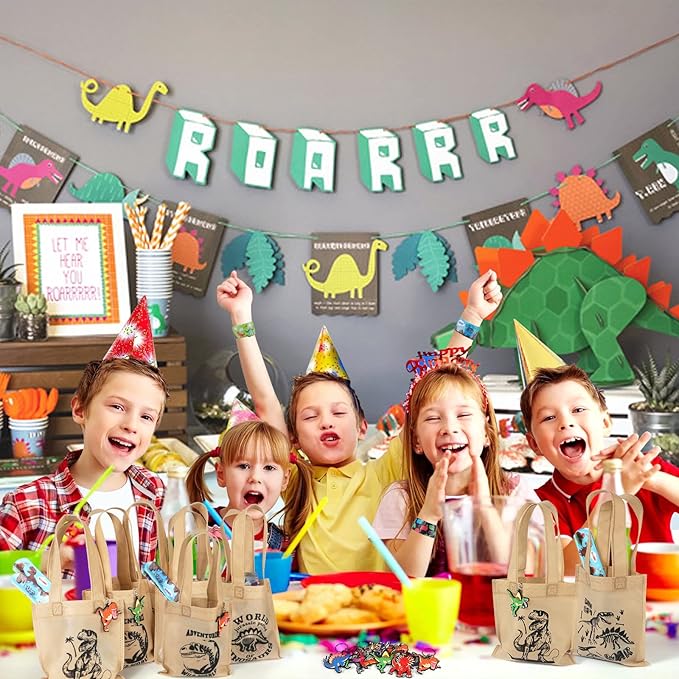 Golray 48Pcs Dinosaur Party Favors Dino Tote Non-woven Bags Dinosaur Keychain Slap Bracelets Glow In Dark Tattoos for Boy Kids Dinosaur Themed Birthday Party Supplies Treat Gift Goodie Bag Fillers