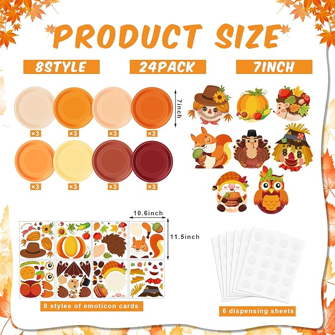 Layhit 24 Pieces Fall Crafts for Kids Fall Plate Craft KitsAutumn Pumpkin Turkey Educational Crafts Thanksgiving DIY Craft Projects for Kids Ages 6-8 8-12 Fall Party Supplies Decorations, 8 Styles