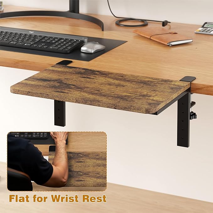 Desk Extender, 15-inch Clamp-On Desk Shelf, Height-Adjustable Desktop Shelf Organizer for Monitors Office and Gaming Accessories, Arm Support Table Extension, 44lbs Heavy Duty, Darkbrown