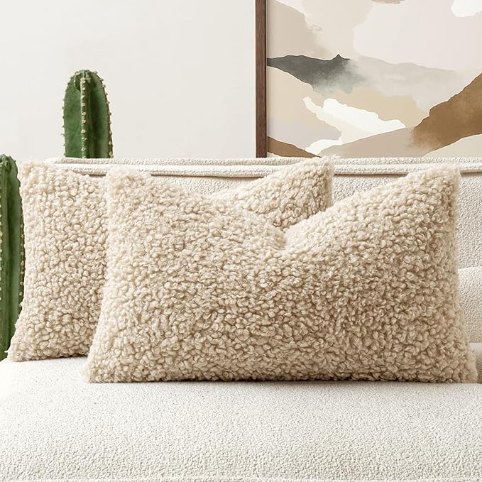 Woaboy Faux Fur Throw Pillow Covers 20x12 Inch Set of 2 Boucle Neutral Decorative Lumbar Sherpa Fuzzy Accent Soft Sheepskin Fleece Cushions Modern Home Decor for Couch Sofa Bedroom Living Room,Oatmeal