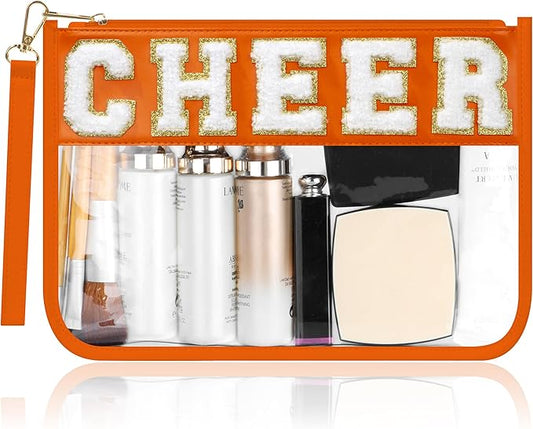 BuyCard Cheer Chenille Letter Bags Clear Makeup Bag, Cheerleader Gifts Cosmetic Bag, Varsity Preppy Patch Flat Pouch Cheer Accessories, Waterproof PVC Organizer Toiletry Bag for Women Girls Orange