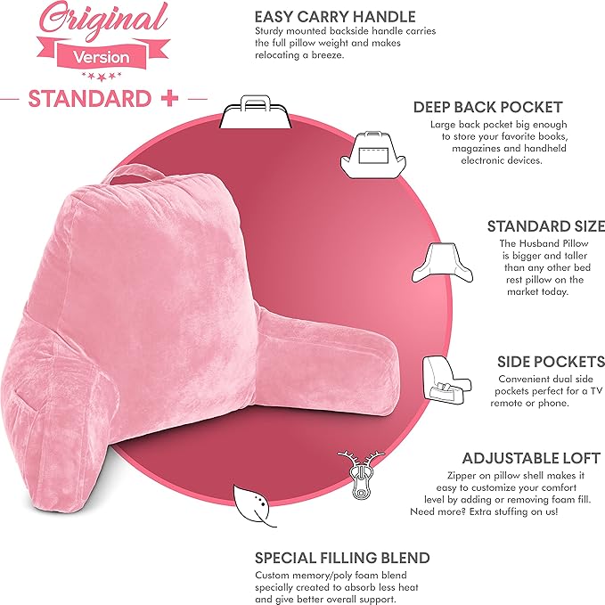 Husband Pillow Pink, Original Reading Pillow in Bed Rest Chair, Shredded Memory Foam Large Lounge Cushion Adult Backrest with Arms, Comfy Back Support for Sit Sitting Up, Washable/Removable Cover