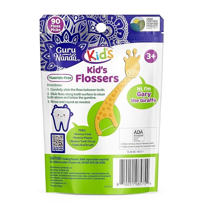 GuruNanda Dental Floss Picks for Kids, Extra-Long Giraffe-Shaped Picks, Fluoride-Free, Anti-Slip & Shred-Resistant Design & Eco-Friendly Handle & Berry Flavor, Ideal for Ages 3+, 90 Count (Pack of 1)