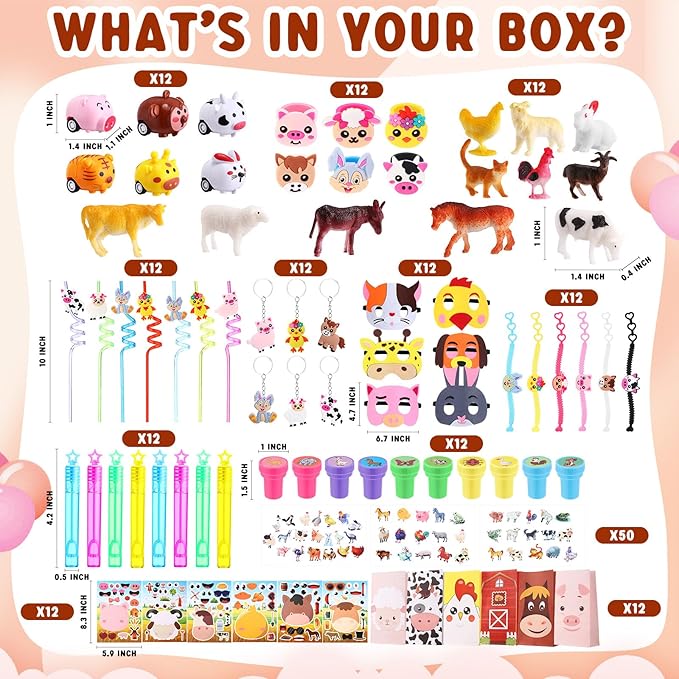182 Pcs Farm Animals Party Favors Set Animal Models Keychains Straws Bracelets Stickers Masks Farm Paper Bags Toy Cars Gifts for Birthday Party Goody Bag Stuffer