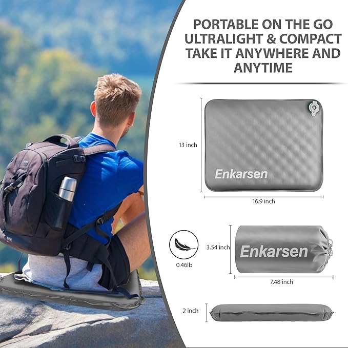 Inflatable Seat Cushion, Self-Inflating Memory Foam Airplane Seat Cushion Portable Camping Sitting Pad for Travel Stadium Car Bleachers Outdoors Office,Lightweight,Supports Back Comfort (Grey)