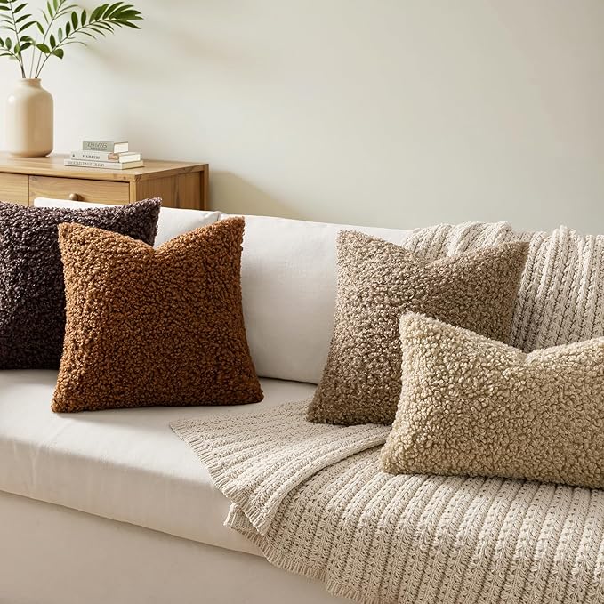 Woaboy Faux Fur Throw Pillow Covers 20x12 Inch Set of 2 Boucle Neutral Decorative Lumbar Sherpa Fuzzy Accent Soft Sheepskin Fleece Cushions Modern Home Fall Decor for Couch Bedroom Living Room,Brown