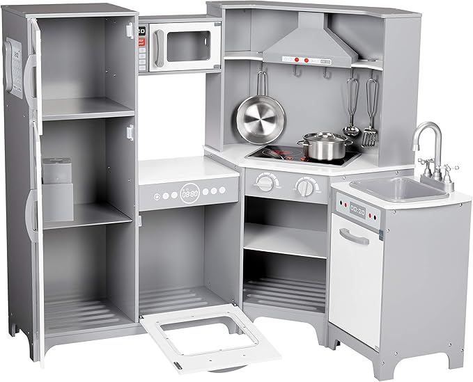 Amazon Basics Kids Corner Wooden Kitchen Toy Playset with Stove, Oven, Sink, Fridge and Accessories, for Toddlers, Preschoolers, Children Age 3+ Years, White & Gray, 39.37"L x 28.35"W x 35.04"H