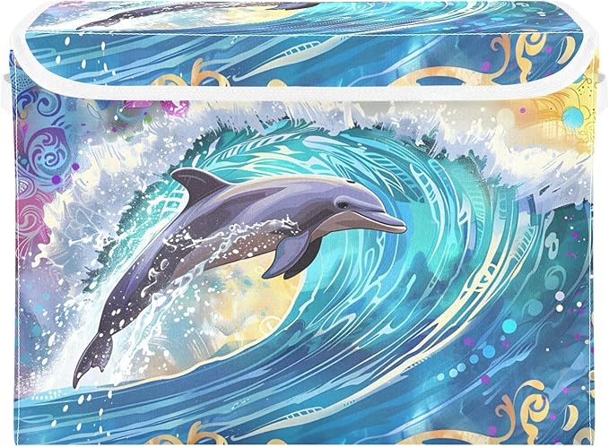 senya Large Storage Bins with Linen Collapsible Foldable Storage Cubes Fabric Closet Organizer Containers box with Flip-Top Lid for Home Bedroom Office 16.7 x 12.6 x 11.8in (Dolphin)