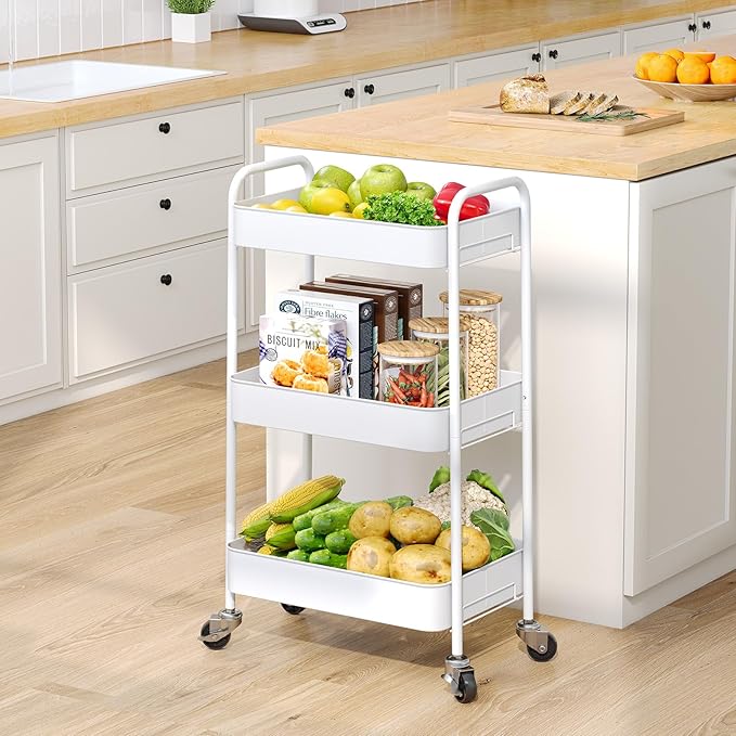 TOOLF 3-Tier Metal Rolling Cart with Wheels, Storage Utility Organizer Cart for Kitchen, Bathroom, Office, Baby Essentials & Makeup - Lockable Casters, Easy Assembly, Large Capacity, White