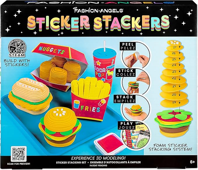 Fashion Angels Fast Food Sticker Stackers, Foam Sticker Stacking Set with 3D Modeling, Includes Play & Pretend Food Stackable Stickers, Craft Activity Kit for Kids